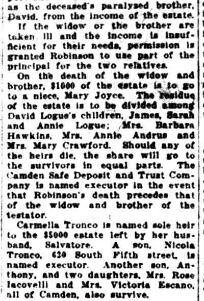 Camden Courier-Post May 14, 1927 — Logue will, continued