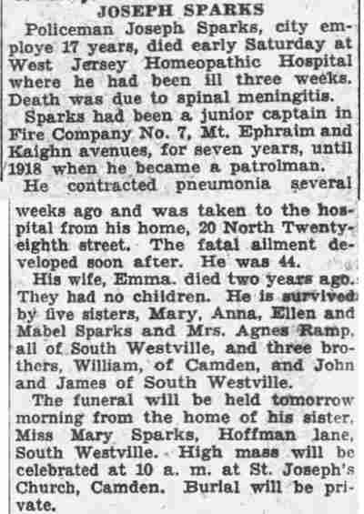 Camden Courier-Post clipping reporting the death of Joseph Sparks, policeman, of 20 North 28th Street