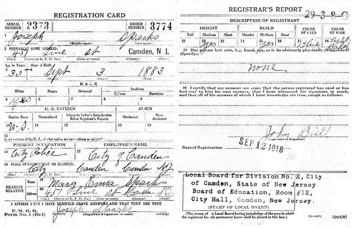 World War I Draft Registration Card for Joseph Sparks, September 12, 1918