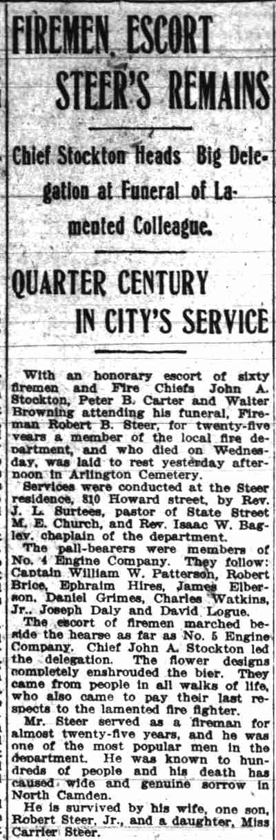 Camden Daily Courier, January 25, 1915 — Firemen Escort Steer's Remains