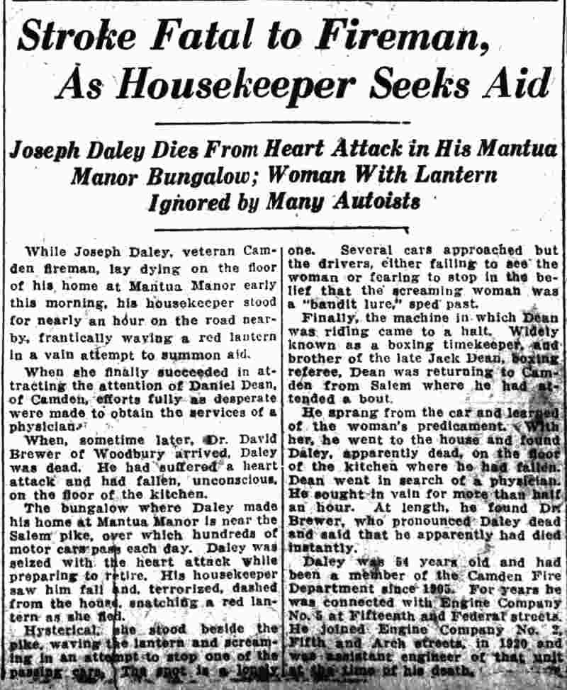 Camden Courier-Post, February 11, 1927 — Stroke Fatal to Fireman, As Housekeeper Seeks Aid