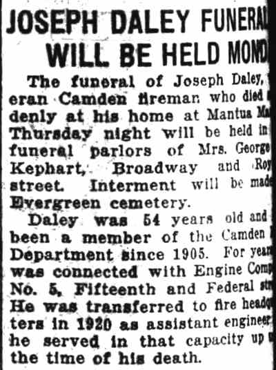 Camden Courier-Post, February 12, 1927 — Joseph Daley Funeral Will Be Held Monday