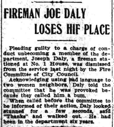 Camden Post-Telegram, August 25, 1911 — Fireman Joe Daly Loses His Place