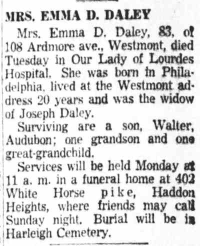 Camden Courier-Post, December 24, 1953 — Mrs. Emma D. Daley obituary