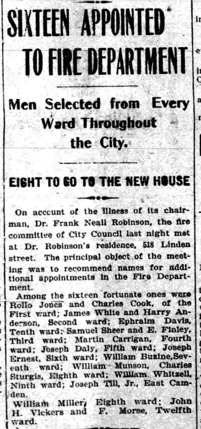Camden Evening Courier, December 3, 1904 — sixteen appointed to fire department