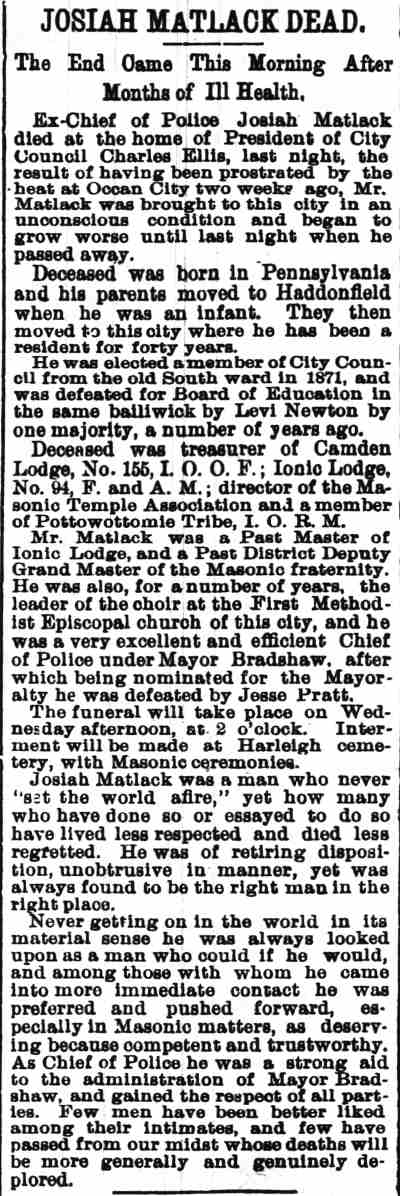 Camden Post, August 24, 1896 — Josiah Matlack Dead