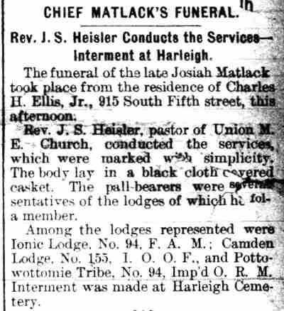 Camden Daily Courier, August 26, 1896 — Chief Matlack's Funeral