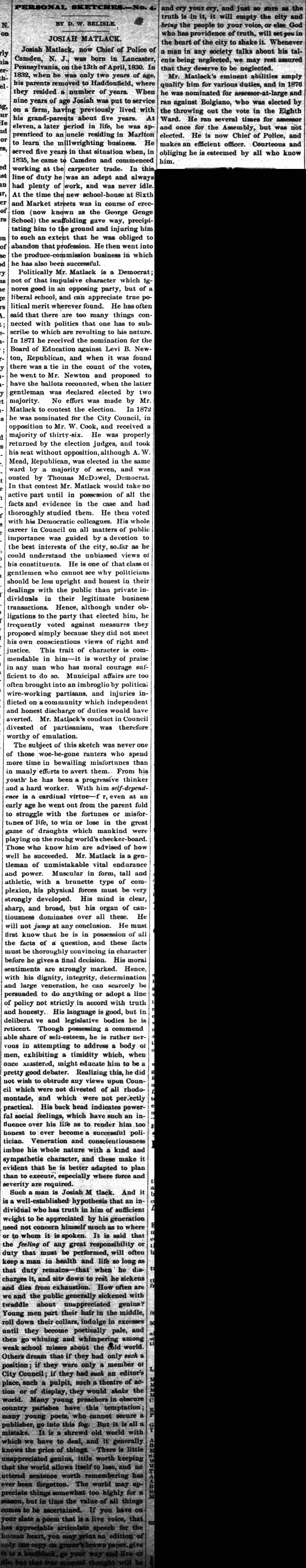 Camden County Courier, November 13, 1880 — Personal Sketches No. 4: Josiah Matlack