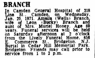 Amelia Branch obituary, January 21 1971