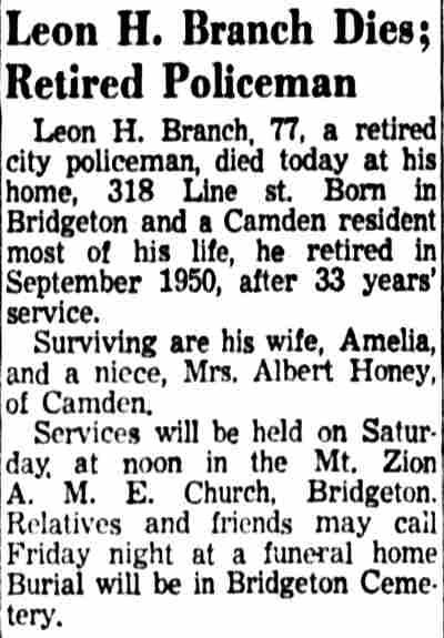 Leon H. Branch Dies; Retired Policeman, September 3 1957