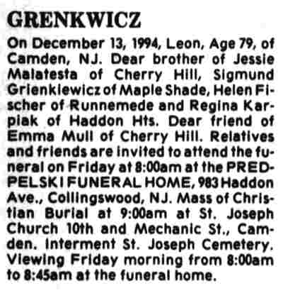 Camden Courier-Post December 15, 1994 — Leon Grenkwicz death notice