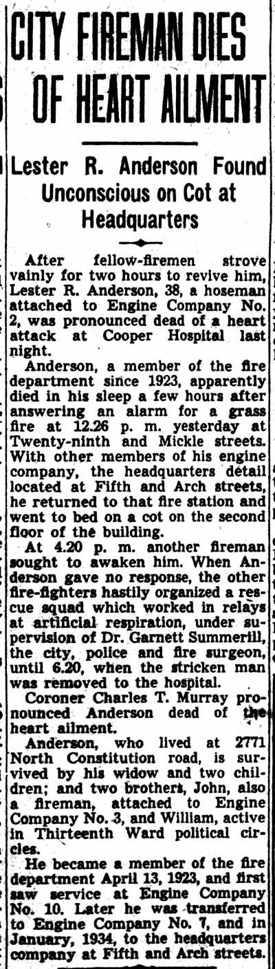 Camden Courier-Post November 7, 1939 — City Fireman Dies of Heart Ailment — two-panel article