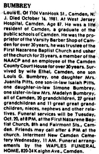 Obituary for Louis Bumbrey, Camden Courier-Post, October 18, 1981