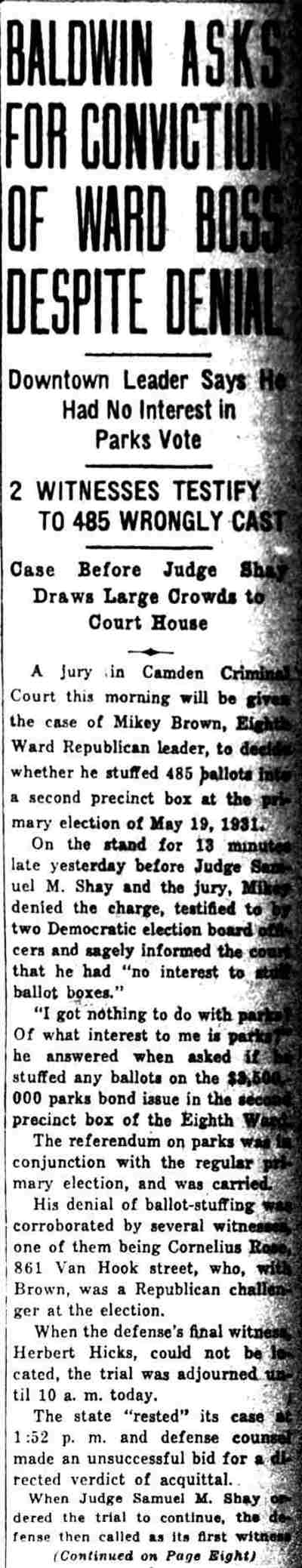 Camden Courier-Post January 12, 1933 - Baldwin Asks for Conviction of Ward Boss Despite Denial