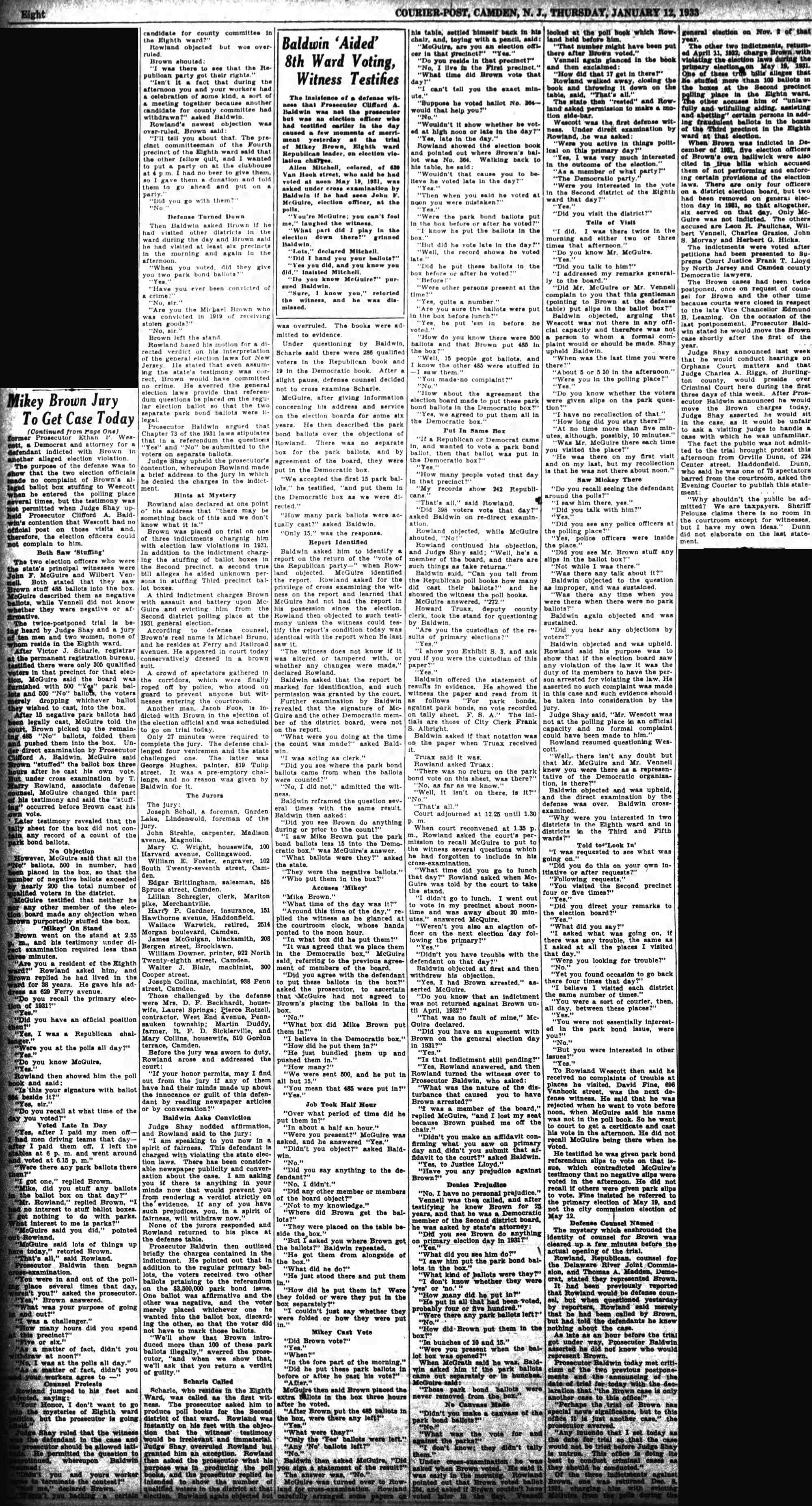 Camden Courier-Post January 12, 1933 - Mikey Brown Jury to Get Case Today