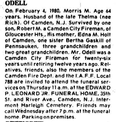 Death notice for Morris M. Odell from the Camden Courier-Post, February 6, 1980, reporting his death on February 4, 1980 at age 64