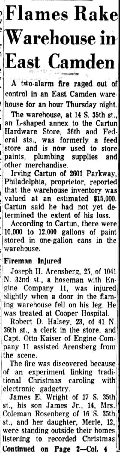 Flames Rake Warehouse in East Camden, Camden Courier-Post, December 22, 1961, full first page