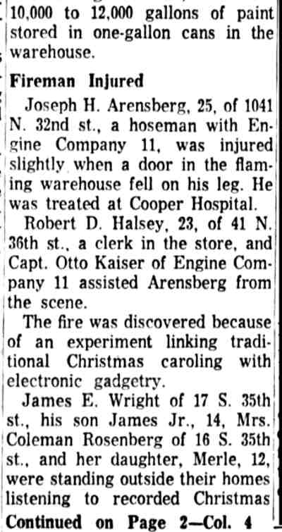 Flames Rake Warehouse in East Camden continued — Camden Courier-Post, December 22, 1961