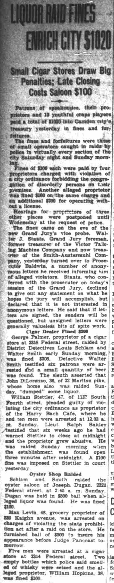 Newspaper article: Liquor Raid Fines Enrich City $1020, September 30, 1929