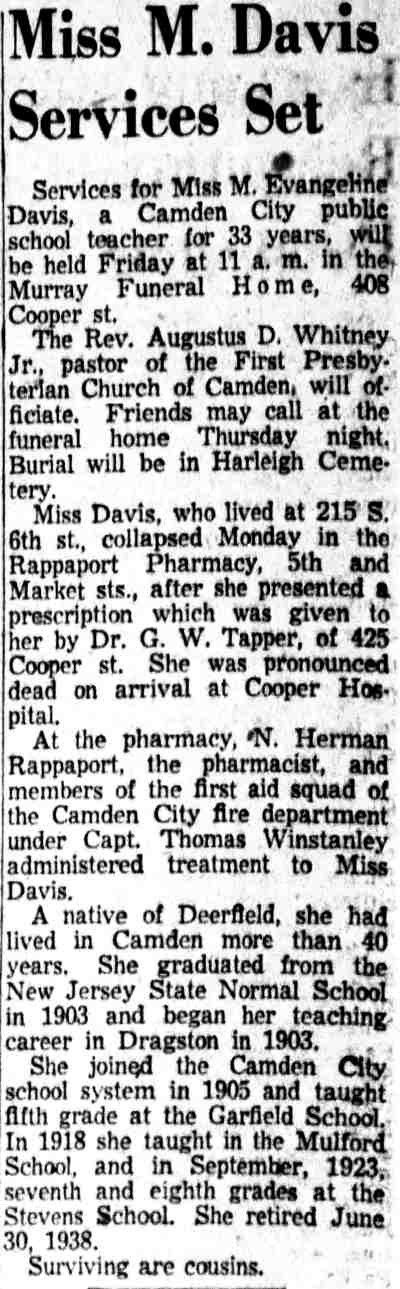 Obituary notice for Miss M. Evangeline Davis, mentioning Rev. Whitney as officiant