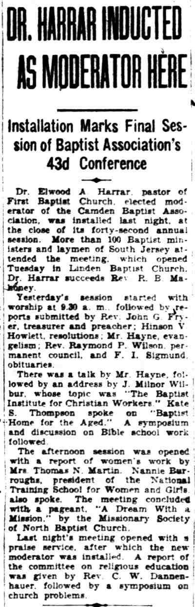 Dr. Harrar Inducted as Moderator Here, Camden Courier-Post, May 16, 1929