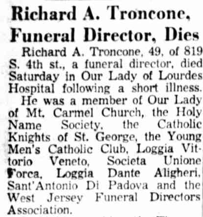 Richard A. Troncone obituary, Camden Courier-Post March 1956, column 1