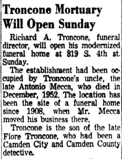 Troncone Mortuary Will Open Sunday, Camden Courier-Post May 1954