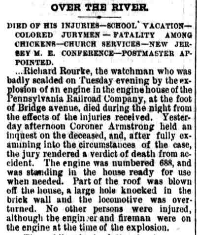 Philadelphia Inquirer, December 25, 1873, Over the River, Died of His Injuries, Richard Rourke