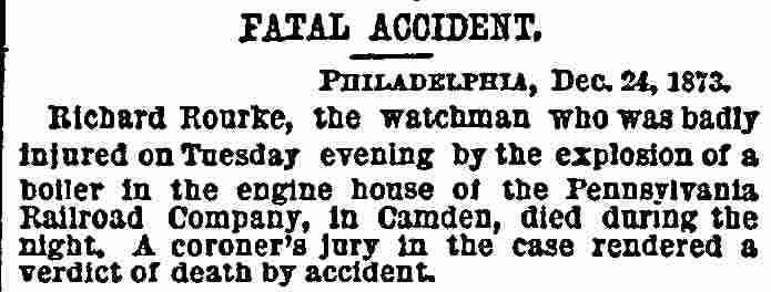 New York Herald, December 25, 1873, Fatal Accident, Richard Rourke