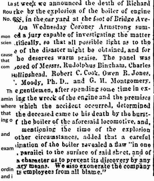West Jersey Press, December 31, 1873, Richard Rourke locomotive explosion inquest