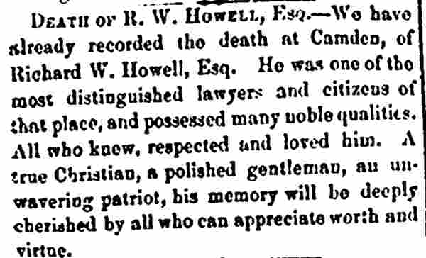 Philadelphia Inquirer death notice for Richard W. Howell, May 17, 1859 (part 1)