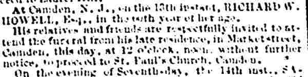 Philadelphia Inquirer death notice for Richard W. Howell, May 17, 1859 (part 2)