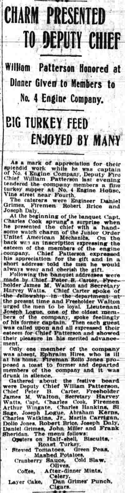 Camden Daily Courier, November 24, 1915 — charm presented to deputy chief