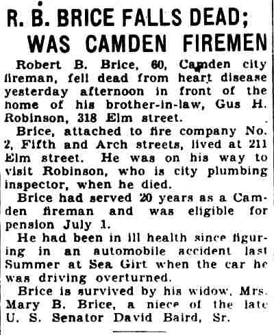 Camden Courier-Post, July 29, 1930 — R. B. Brice Falls Dead
