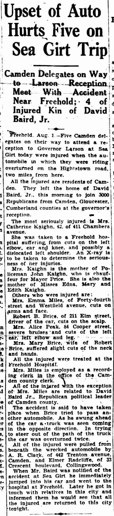 Camden Courier-Post, August 1, 1929 — Upset of Auto Hurts Five on Sea Girt Trip