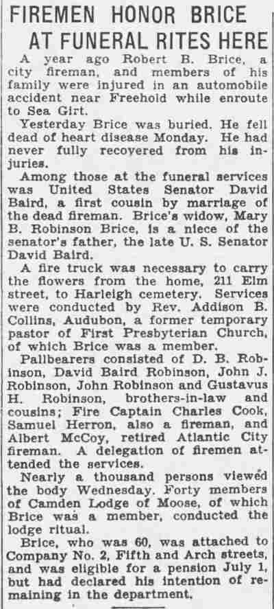 Camden Courier-Post, August 1, 1930 — Firemen Honor Brice at Funeral Rites Here