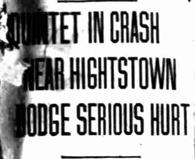 Camden Courier-Post, August 2, 1929 — Quintet in Crash Near Hightstown (headline)
