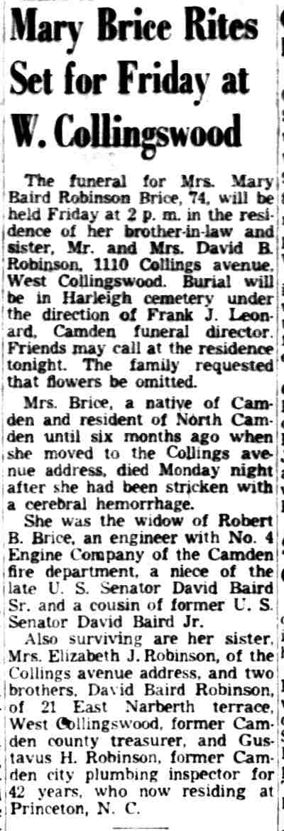 Camden Courier-Post, November 28, 1951 — Mary Brice Rites Set for Friday at W. Collingswood