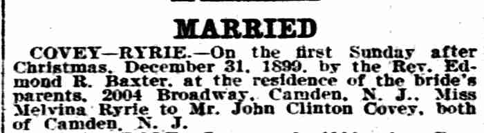 Philadelphia Inquirer, January 10, 1900 — Marriage notice for Melvina Ryrie and John Clinton Covey