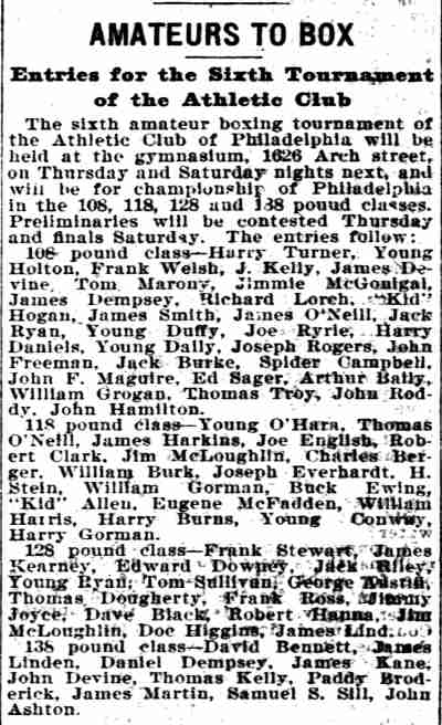 Philadelphia Inquirer, March 29, 1898 — Amateurs to Box — entries for the Sixth Tournament of the Athletic Club