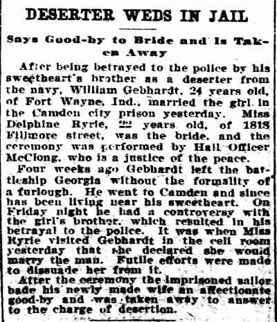 Philadelphia Inquirer, September 7, 1907 — Deserter Weds in Jail