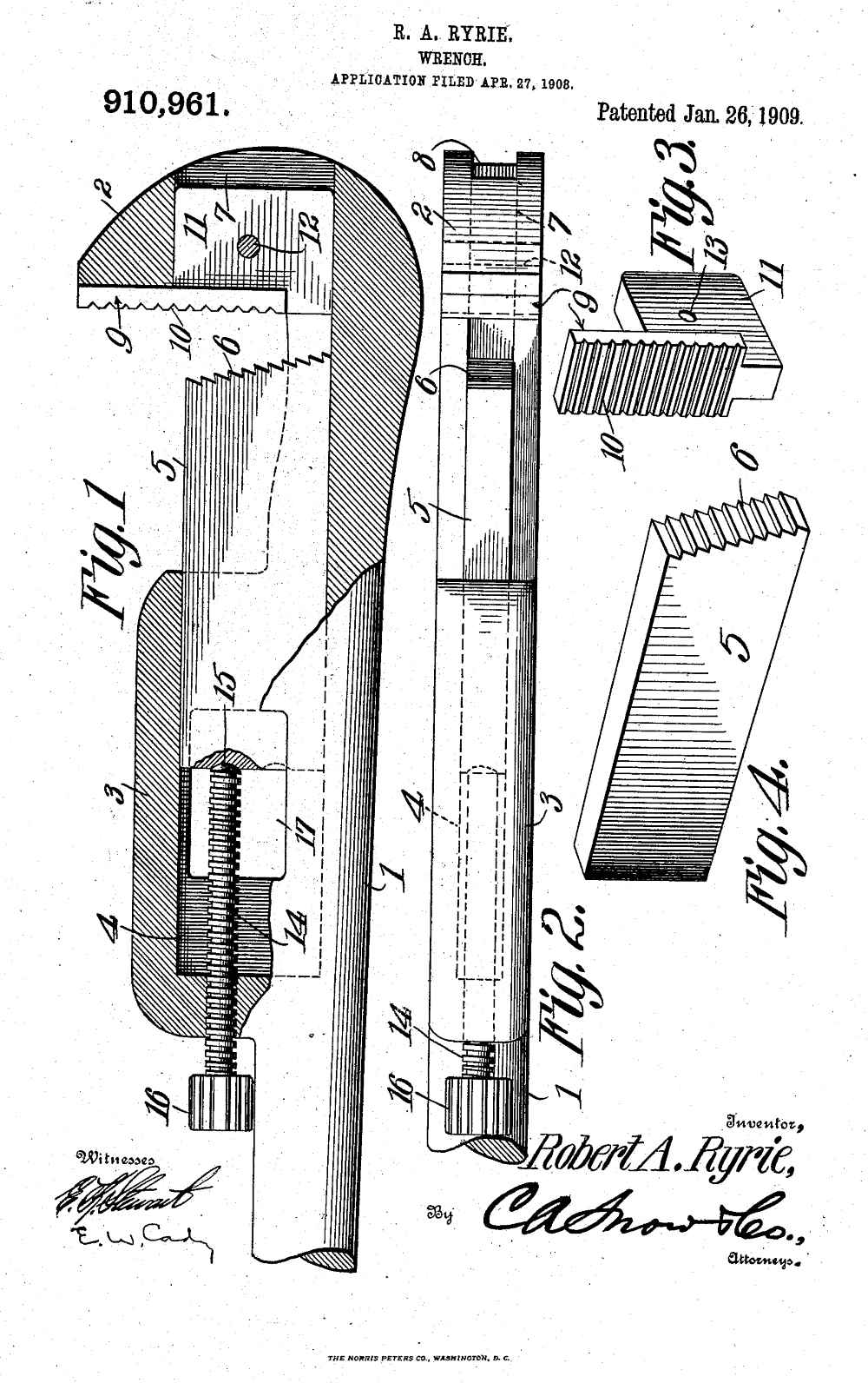 US Patent 910,961 — Wrench, January 26, 1909