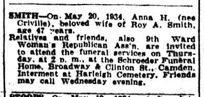 Death notice for Anna H. Smith, beloved wife of Roy A. Smith, Camden Courier-Post, May 22, 1934