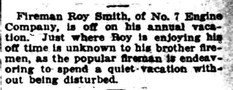 Fireman Roy Smith on annual vacation, Camden Post-Telegram, July 8, 1915
