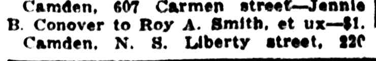 Real estate transfer, Roy A. Smith, 607 Carmen Street, Camden Post-Telegram, September 22, 1924
