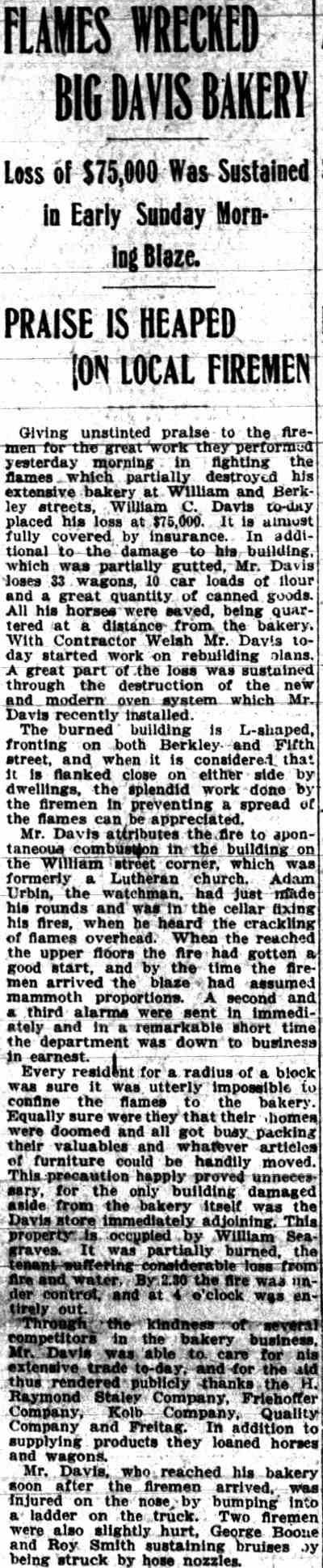 Camden Post-Telegram, December 16, 1912 — Flames Wrecked Big Davis Bakery