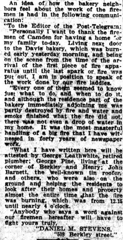 Camden Post-Telegram, December 16, 1912 — Flames Wrecked Big Davis Bakery (continued)