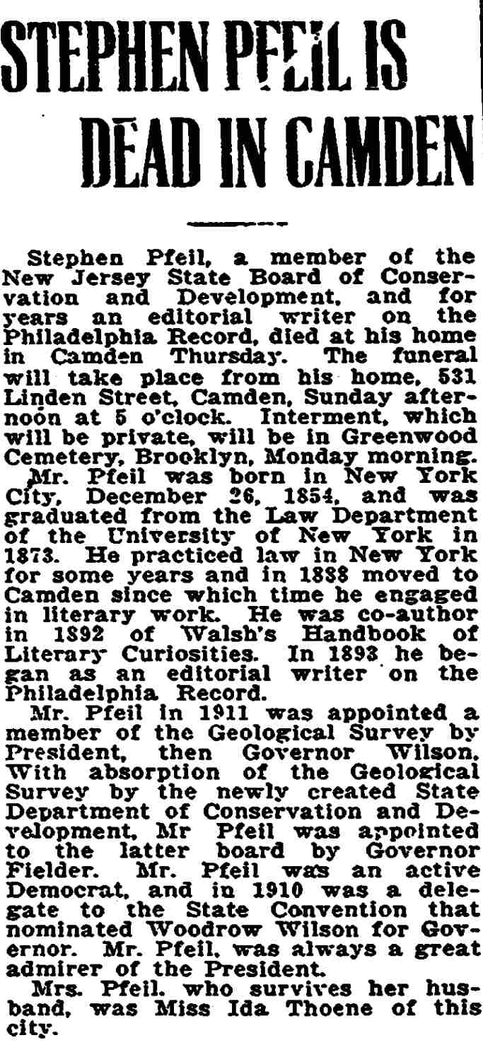 Trenton Evening Times obituary for Stephen Pfeil, April 5, 1919