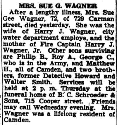 Obituary of Mrs. Sue G. Wagner, Camden Courier-Post, July 24, 1944