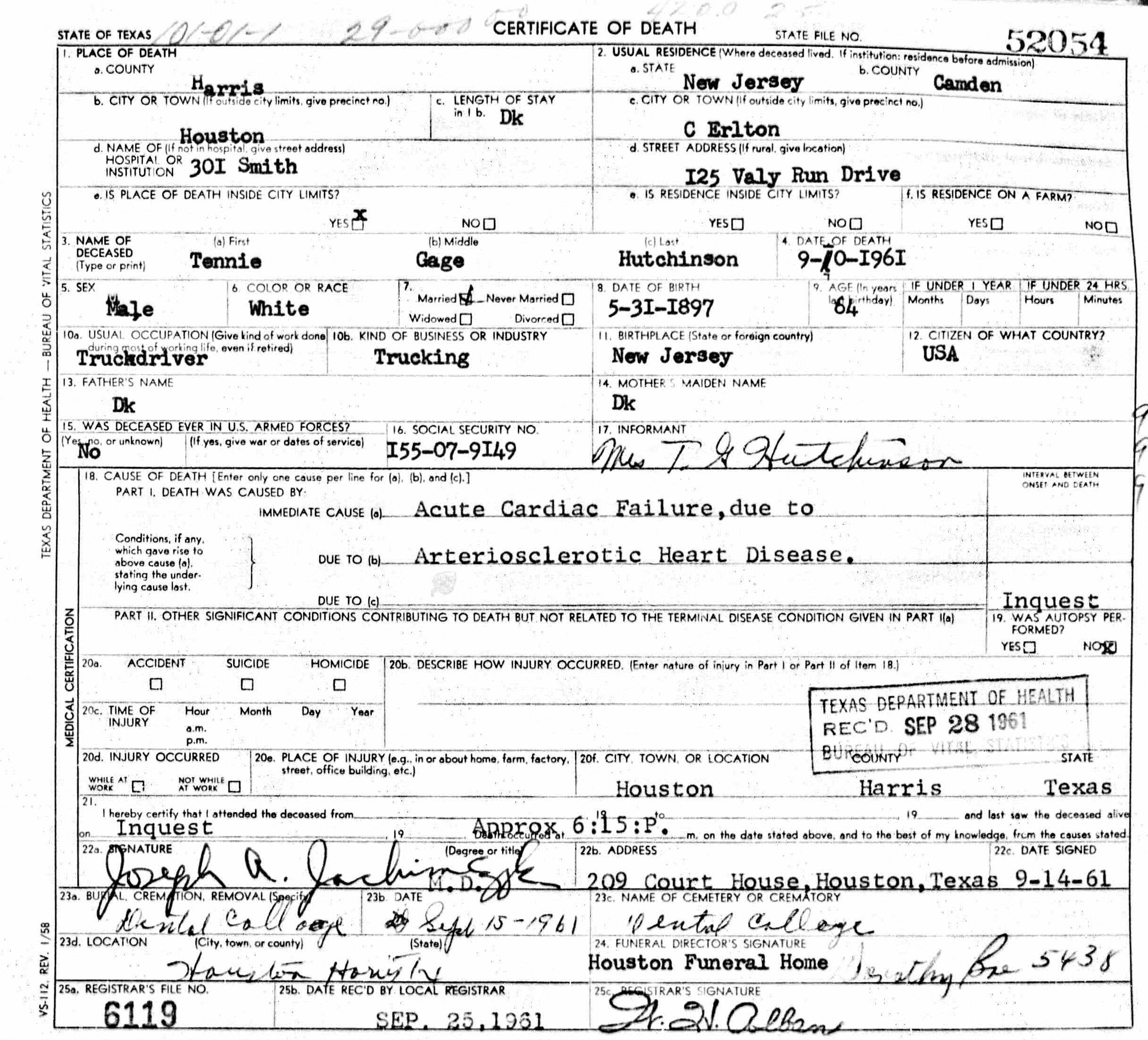 State of Texas Certificate of Death — Tennie Gage Hutchinson, September 10, 1961